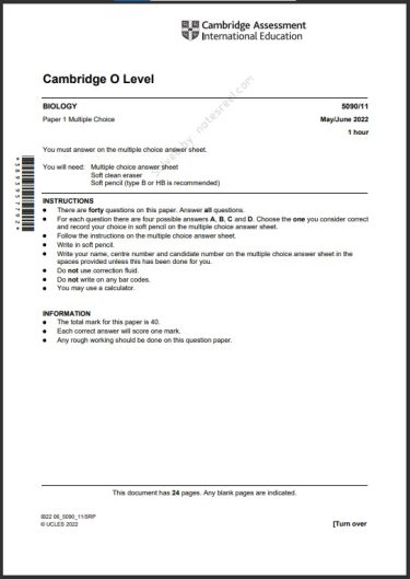 Biology 5090 11 MCQs Solved Paper May 2022 O Level