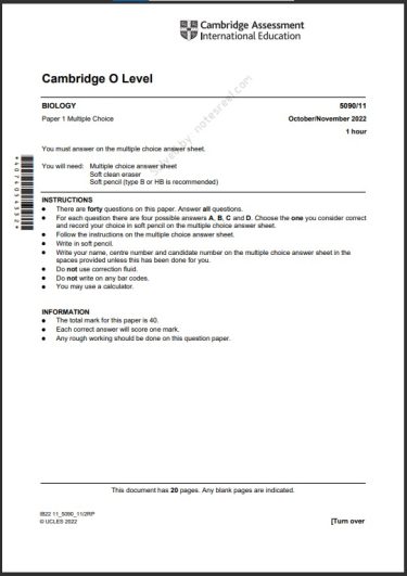 Biology 5090 11 MCQs Solved Paper October 2022 O Level