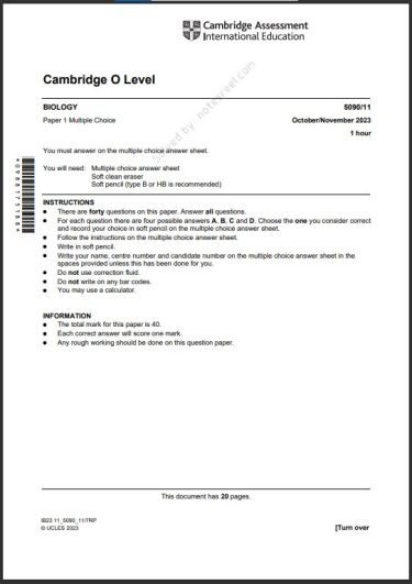 Biology 5090 11 MCQs Solved Paper October 2023 O Level