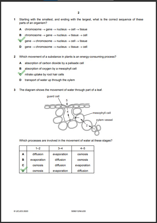 Biology 5090 12 MCQs Solved Paper May 2020 O Level 1