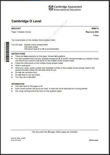 Biology 5090/12 MCQs Solved Paper May 2020 O Level