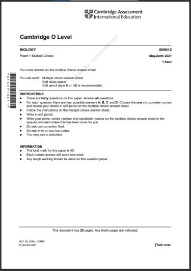 Biology 5090 12 MCQs Solved Paper May 2021 O Level