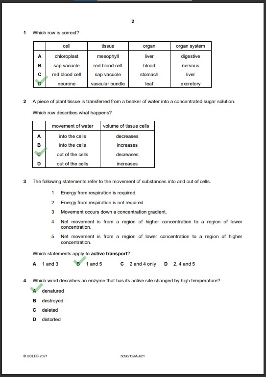 Biology 5090 12 MCQs Solved Paper May 2021 O Level 1