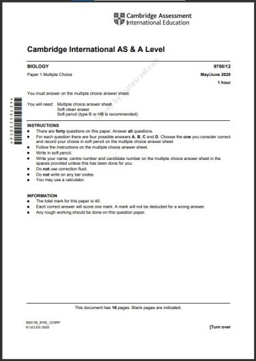 Biology 9700 12 MCQs Solved Paper May 2020 O Level