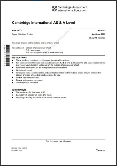 Biology 9700/12 MCQs Solved Paper May 2022 AS & A Level