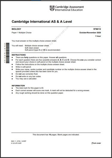 Biology 9700 12 MCQs Solved Paper October 2020 AS & A Level