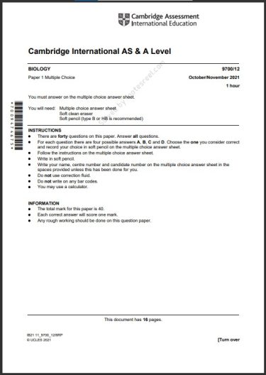 Biology 9700 12 MCQs Solved Paper October 2021 AS & A Level