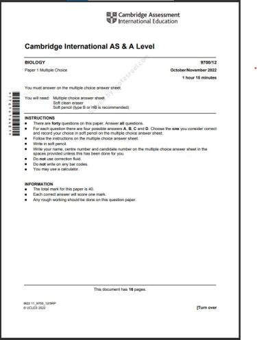 Biology 9700 12 MCQs Solved Paper October 2022 AS & A Level