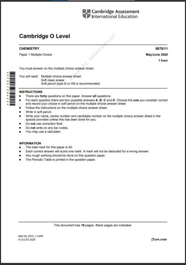 Chemistry 5070 MCQs Solved Paper May 2020 O Level