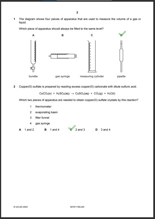 Chemistry 5070 MCQs Solved Paper May 2020 O Level 1