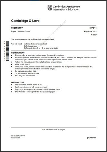 Chemistry 5070 MCQs Solved Paper May 2021 O Level