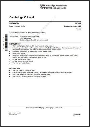 Chemistry 5070 MCQs Solved Paper October 2020 O Level