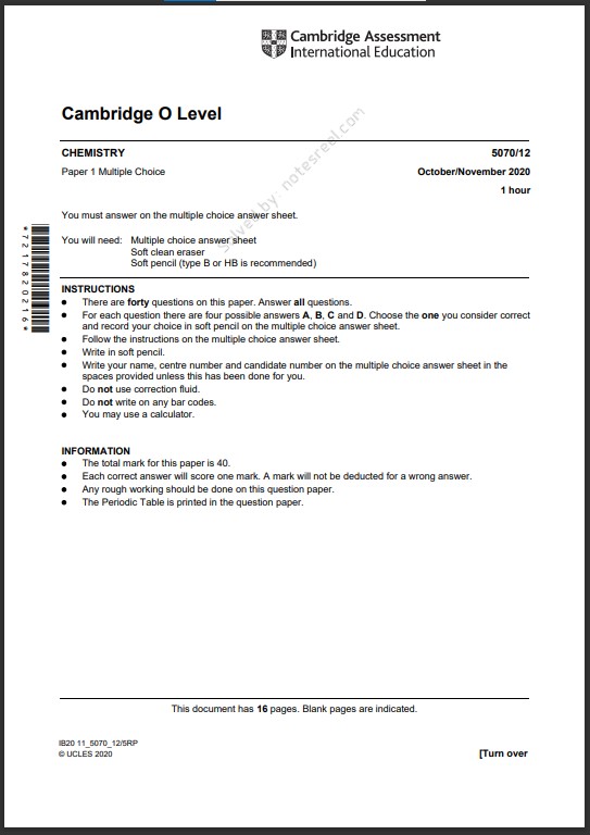 Chemistry 5070 MCQs Solved Paper October 2020 O Level