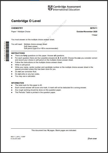 Chemistry 5070 MCQs Solved Paper October 2020 O Level