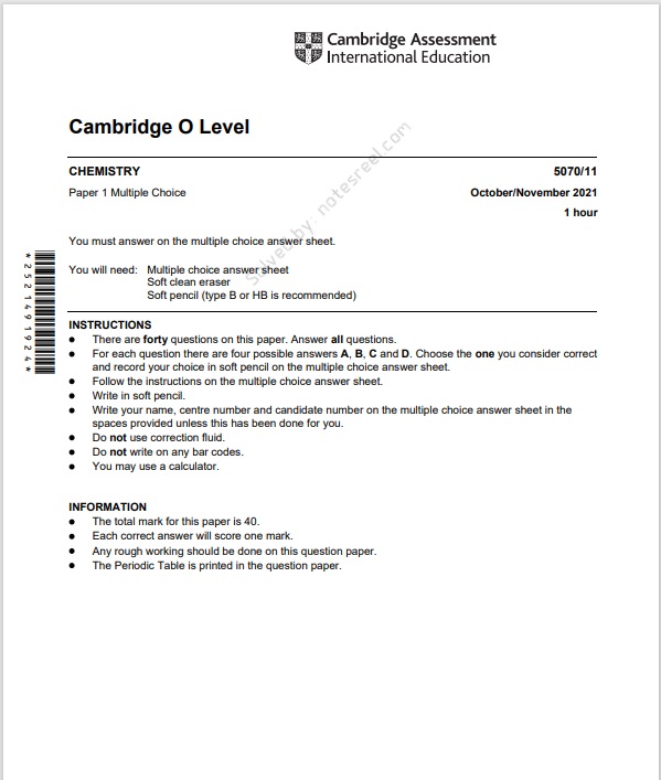 Chemistry 5070 MCQs Solved Paper October 2021 O Level