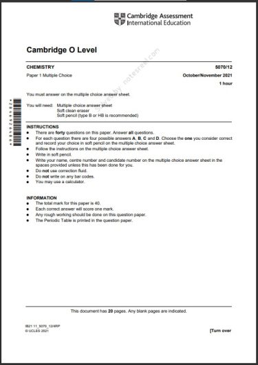 Chemistry 5070 MCQs Solved Paper October 2021 O Level