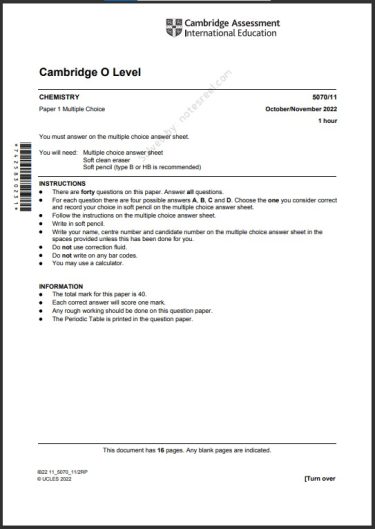 Chemistry 5070 MCQs Solved Paper October 2022 O Level