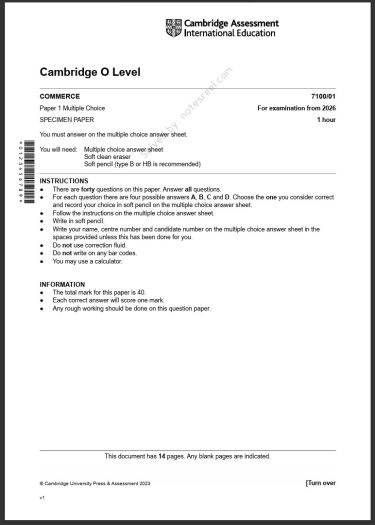 Commerce 7100 MCQs Solved Paper SPECIMEN 2026 O Level