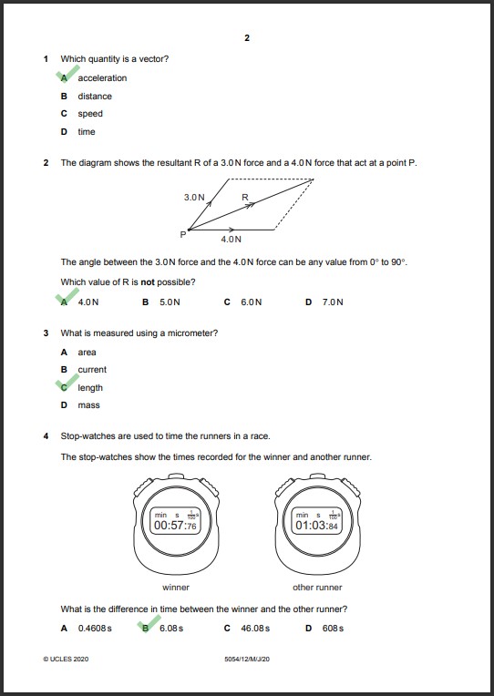 Physics 5054/12 MCQs Solved Paper May 2020 O Level