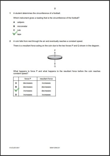 Physics 5054/12 MCQs Solved Paper May 2021 O Level 1