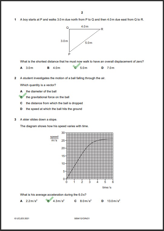 Physics 5054/12 MCQs Solved Paper October 2021 O Level