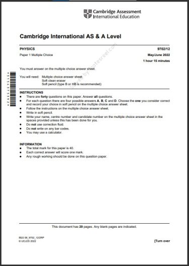 Physics 9702/12 MCQs Solved Paper May 2022 AS & A Level