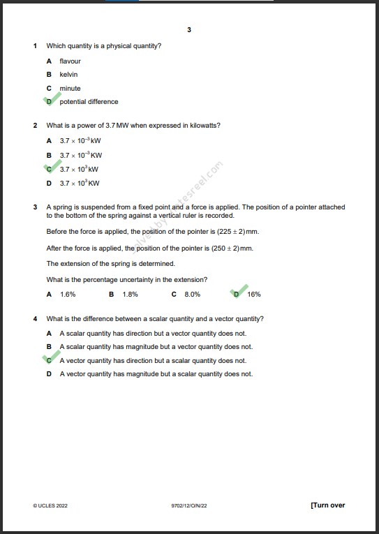 Physics 9702/12 MCQs Solved Paper October 2022 AS & A Level 1