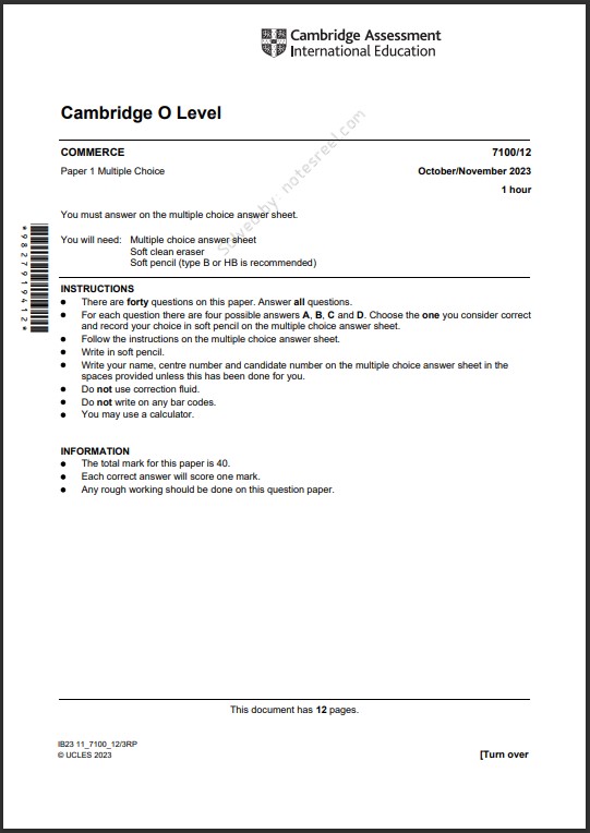 Commerce 7100/12 MCQs Solved Paper October 2023 O Level