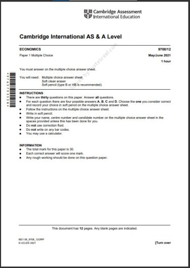 Economics 9708/12 MCQs Solved Paper May 2021 AS & A Level