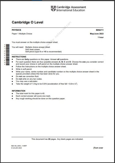 Physics 5054/11 MCQs Solved Paper May 2023 O Level