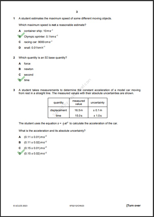 Physics 9702/12 MCQs Solved Paper October 2023 AS & A Level 1