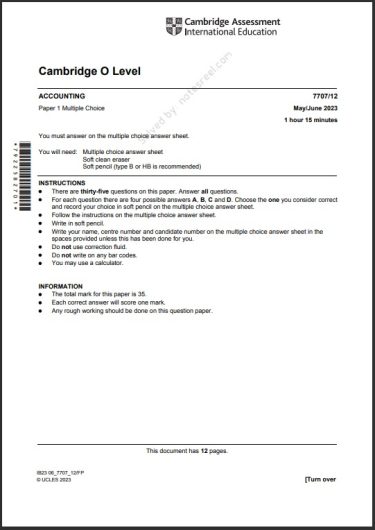 Accounting 7707/12 MCQs Solved May 2023 O Level