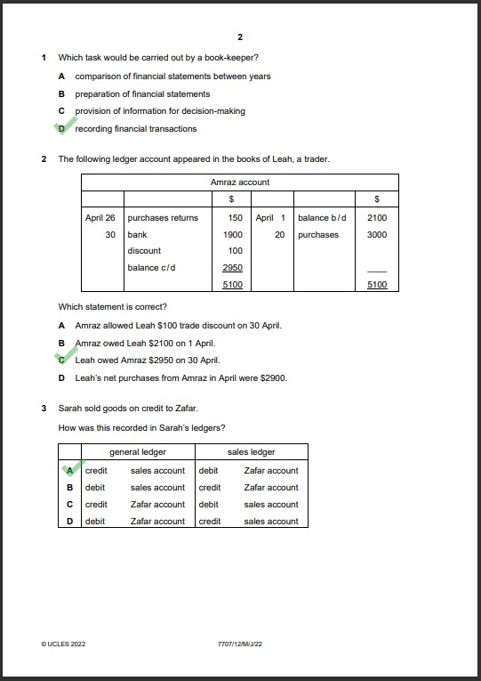 Accounting 7707/12 MCQs Solved Paper May 2022 O Level 1