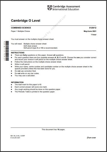 Combined Science 5129/12 MCQs Solved Paper May 2021 O Level