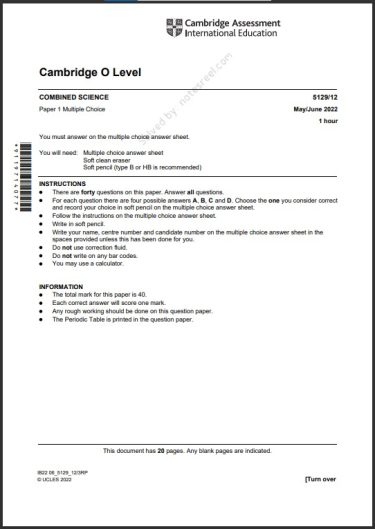 Combined Science 5129/12 MCQs Solved Paper May 2022 O Level