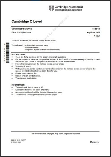 Combined Science 5129/12 MCQs Solved Paper May 2023 O Level