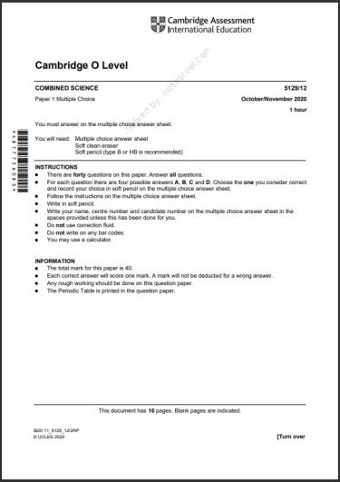 Combined Science 5129/12 MCQs Solved Paper October 2020 O Level