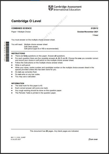 Combined Science 5129/12 MCQs Solved Paper October 2021 O Level