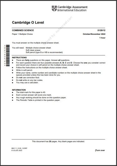 Combined Science 5129/12 MCQs Solved Paper October 2022 O Level