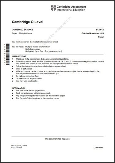 Combined Science 5129/12 MCQs Solved Paper October 2023 O Level