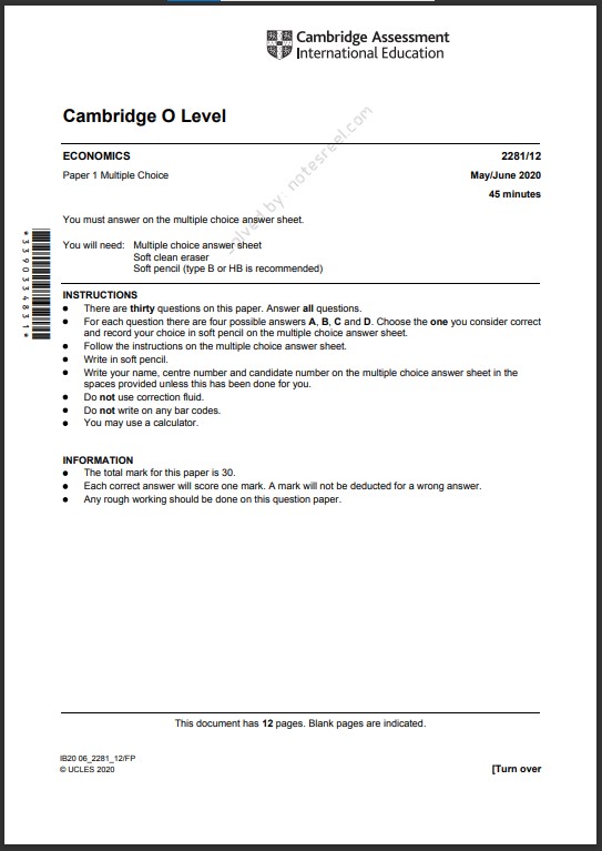 Economics 2281/12 MCQs Solved Paper May 2020 O Level