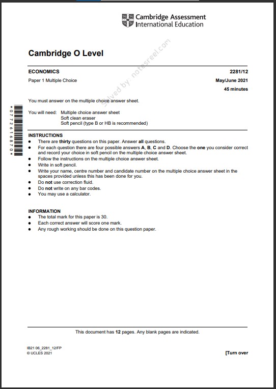 Economics 2281/12 MCQs Solved Paper May 2021 O Level