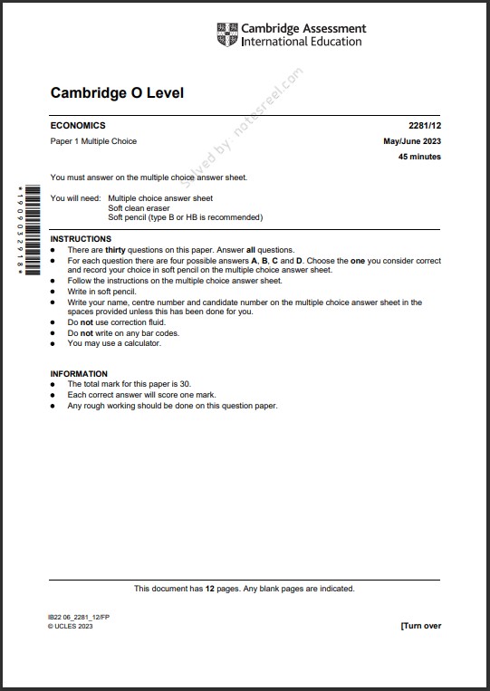 Economics 2281/12 MCQs Solved Paper May 2023 O Level