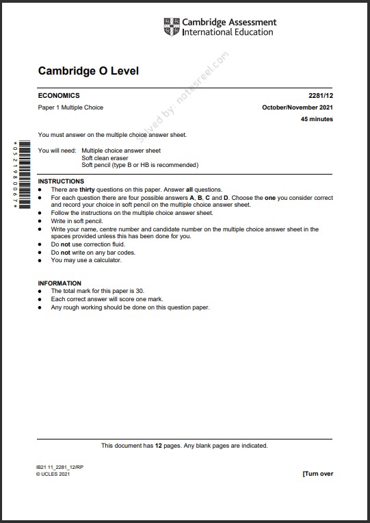 Economics 2281/12 MCQs Solved Paper October 2021 O Level