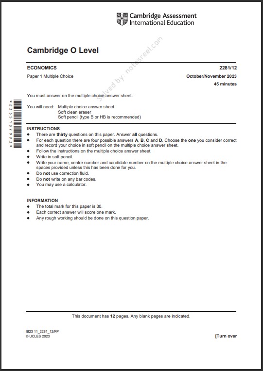 Economics 2281/12 MCQs Solved Paper October 2023 O Level