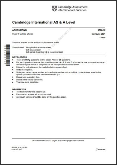 Accounting 9706/12 MCQs Solved Paper May 2021 AS & A Level