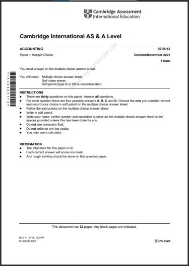 Accounting 9706/12 MCQs Solved Paper October 2021 AS & A Level