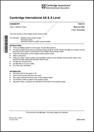 Chemistry 9701/12 MCQs Solved Paper May 2022 AS & A Level