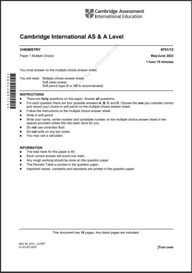 Chemistry 9701/12 MCQs Solved Paper May 2023 AS & A Level