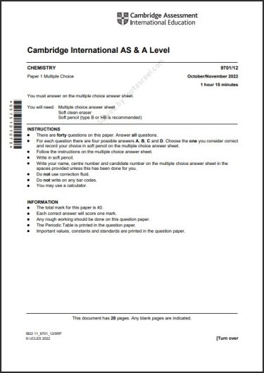 Chemistry 9701/12 MCQs Solved Paper October 2022 AS & A Level